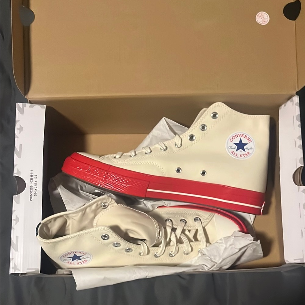 CDG Converse High-Top Sneakers in Cream and Red foxing